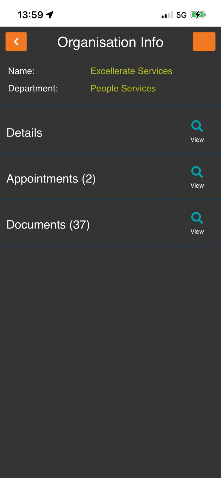 The Organisation Info screen with the Documents option.