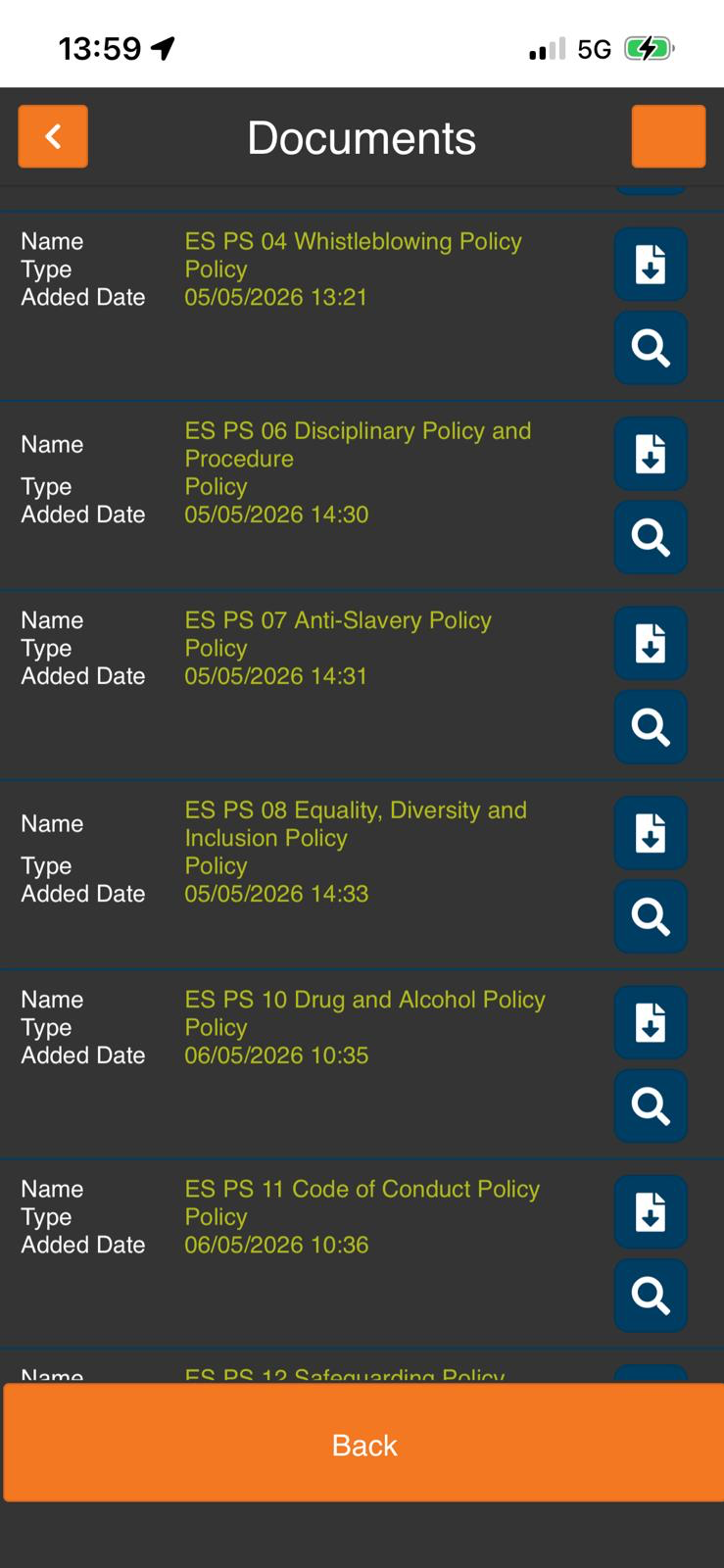 The Documents list showing the view and download buttons.